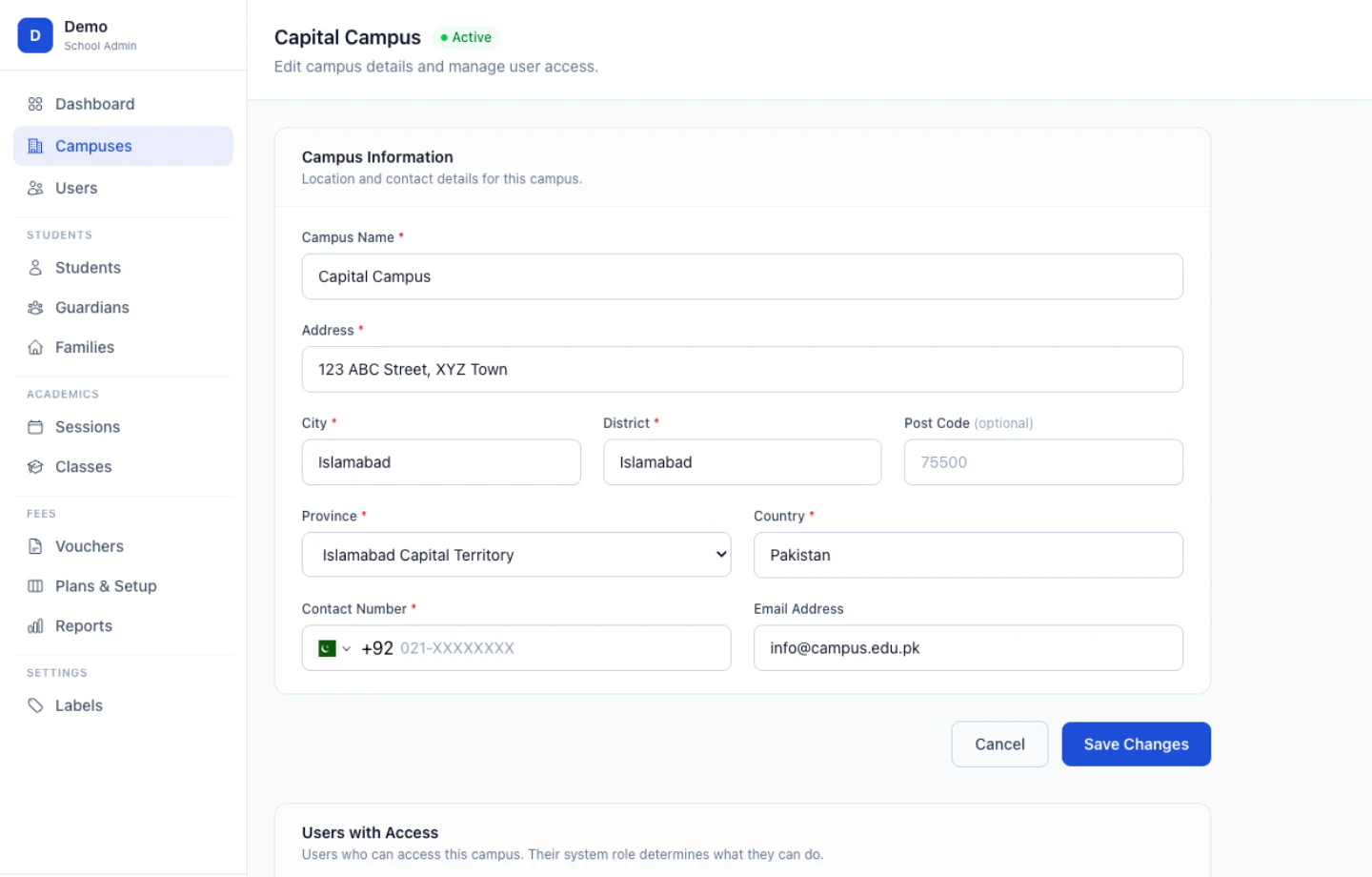 EdCo admin dashboard showing fee management, voucher list, and collection summary panels