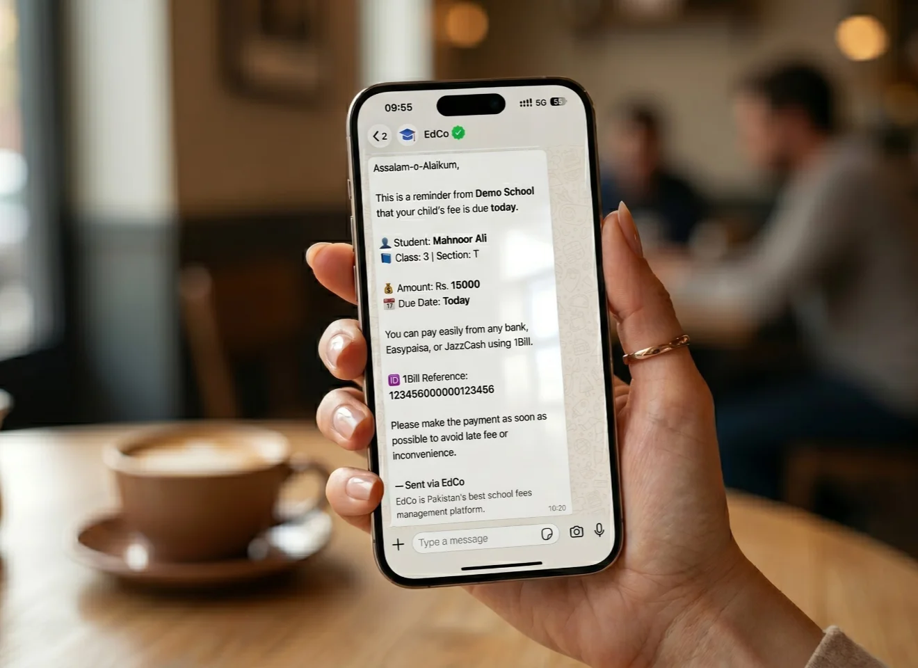 Parent receiving an automated WhatsApp reminder with fee voucher details, due date, and outstanding amount